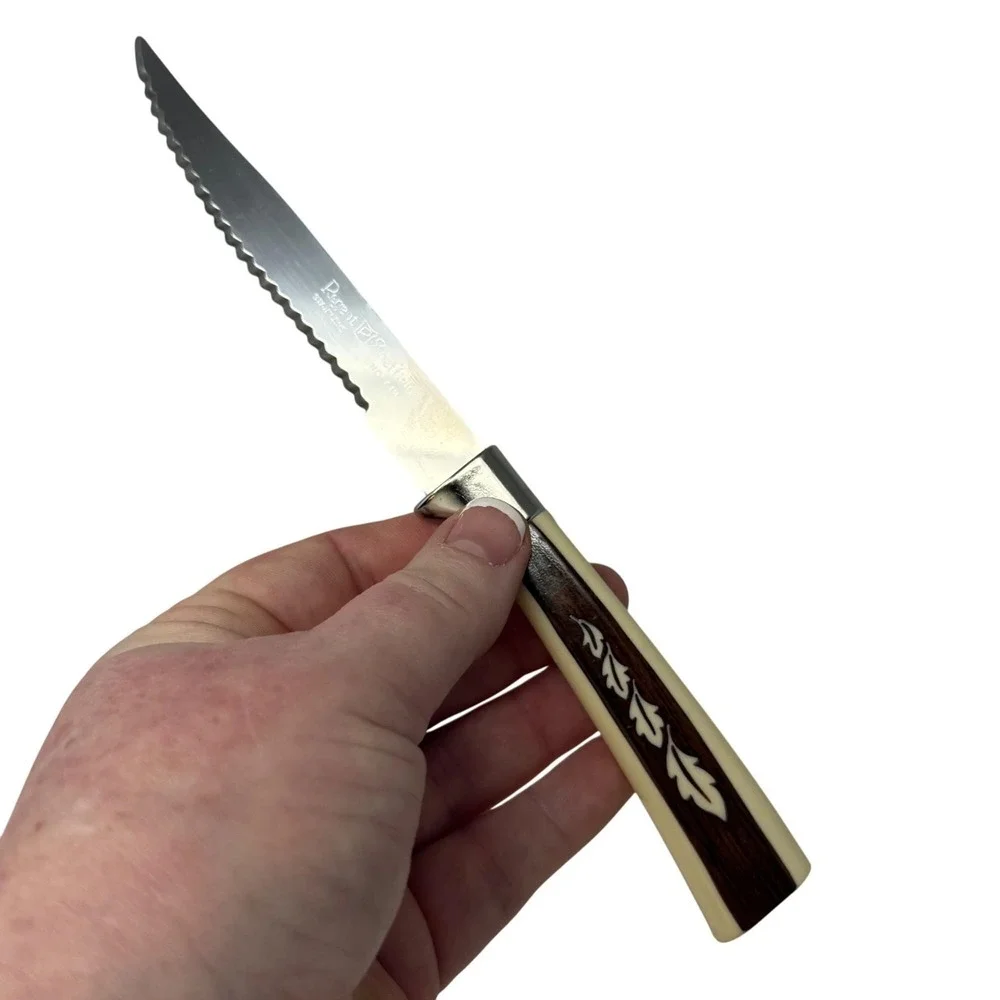 6 VTG Steak Knives REF6 Regent Sheffield Stainless Woodgrain Design Cream Accent